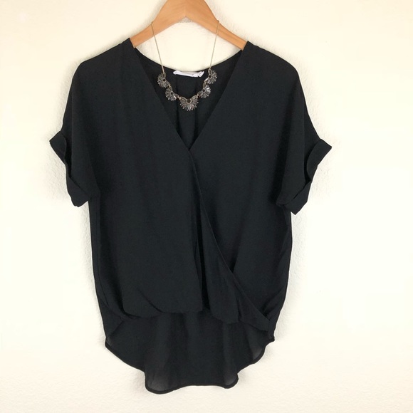Lush Tops - Lush Black Short Sleeve Wrap Front Blouse Small